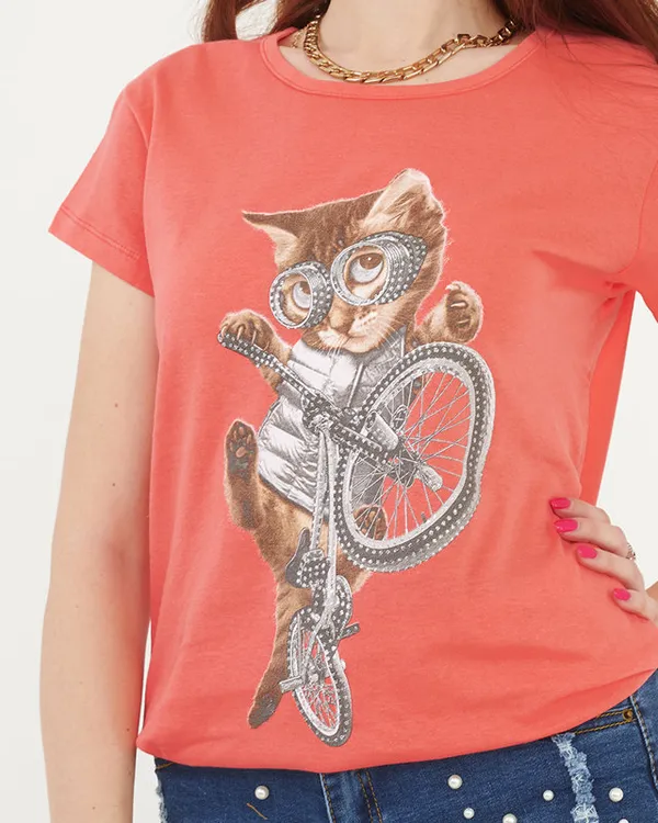 Koralowy t-shirt damski z nadrukiem kota - Odzież - Koralowy || Różowy || Pomarańczowy