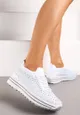 Białe Wsuwane Sneakersy z Cyrkoniami na Grubej Podeszwie z Materiałową Cholewką Satris