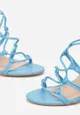 Niebieskie Wiązane Sandały na Słupku z Cholewką z Cienkich Rzemyków Shise