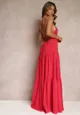 Czerwona Rozkloszowana Maxi Sukienka z Falbankami i Wiązaniem na Tyle Karins
