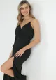 Czarna Asymetryczna Sukienka Maxi na Jedno Ramię z Łańcuszkiem Przy Ramieniu Kesilli