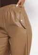 Beżowe Szerokie Spodnie z Imitacji Skóry z Gumką w Pasie Lundria