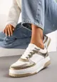 Złoto-Białe Sneakersy na Niskiej Platformie z Ozdobnymi Przeszyciami Huviena