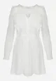 Biała Sukienka z Haftowanej Tkaniny z Gumką w Pasie Micromi