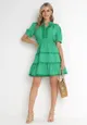 Zielona Rozkloszowana Sukienka Mini z Gumkami w Pasie z Koronkowymi Wstawkami Dalera