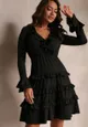 Czarna Rozkloszowana Sukienka Mini z Gumką w Talii i Ozdobnym Dekoltem Agnena