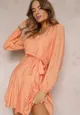Pomarańczowa Rozkloszowana Sukienka Mini z Wiązaniem w Talii Evyna