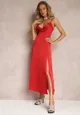 Bordowa Taliowana Sukienka Maxi na Cienkich Ramiączkach z Rozcięciem Samiksa