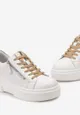 Biało-Złote Skórzane Sneakersy na Platformie z Ozdobnym Suwakiem z Boku Leomiana
