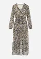 Granatowo-Beżowa Sukienka z Kopertowym Dekoltem w Cętki Conneie