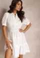 Biała Sukienka Mini z Gumkami w Talii z Krótkim Rękawem i Koronką Jelina