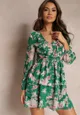 Zielona Rozkloszowana Sukienka z Gumką w Pasie w Kwiaty Alleen