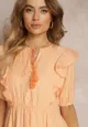 Pomarańczowa Sukienka Mini z Gumką w Pasie i Falbankami Makenza