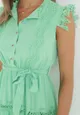 Zielona Rozkloszowana Sukienka Mini z Koronką i Wiązanym Paskiem Wikeen