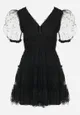 Czarna Sukienka Mini z Krótkim Transparentnym Rękawem i Dekoracyjną Siateczką Cataleah