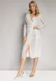 Biała Cekinowa Sukienka Midi z Kopertowym Dekoltem i Wiązaniem Hadora