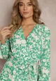 Zielona Sukienka Kopertowa w Kwiaty z Wiązanym Paskiem Faerise