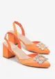 Pomarańczowe Satynowe Sandały z Biżuteryjną Klamerką i Noskiem w Szpic Vovi