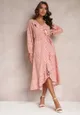 Różowa Kopertowa Sukienka Midi z Falbankami i Wzorem w Kropki Averyterry