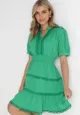 Zielona Rozkloszowana Sukienka Mini z Gumkami w Pasie z Koronkowymi Wstawkami Dalera