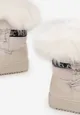 Beżowe Lakierowane Śniegowce Ozdobione Futerkiem i Taśmą z Napisem Nasnette