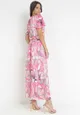 Różowa Satynowa Sukienka Maxi z Kopertowym Dekoltem i Gumką w Pasie Posedana
