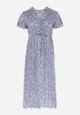Niebieska Sukienka z Wiskozy z Metalicznym Wzorem Wiązana w Pasie Nariya