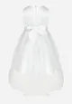 Biała Elegancka Sukienka z Wiązanym Paskiem i Motywem Róż z Tiulowym Dołem Adenie