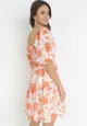 Pomarańczowa Sukienka Mini Hiszpanka z Gumką w Pasie w Kwiaty Nodovica