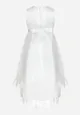 Biała Rozkloszowana Sukienka z Koronkowymi Wstawkami i Ozdobną Kokardą Kolona