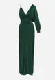 Zielona Błyszcząca Asymetryczna Sukienka Maxi z Rozcięciem i Kopertowym Dekoltem Aknasa