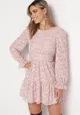 Różowa Sukienka Mini z Tkaniny Plumeti i Falbanką Coucile