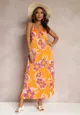 Pomarańczowa Satynowa Sukienka Maxi w Kwiaty ze Zdobieniem przy Dekolcie Benna