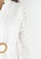 Biała Bawełniana Sukienka z Paskiem i Ażurowym Haftem Joannah