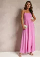 Różowa Rozkloszowana Sukienka Maxi na Cienkich Ramiączkach z Rozporkiem Weslyn
