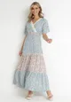 Niebiesko-Miętowa Rozkloszowana Sukienka Maxi z Gumką w Talii i Koronkowym Dekoltem Gerbera