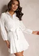 Biała Sukienka z Bawełnianej Haftowanej Tkaniny Wiązana w Talii Roselia