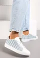 Biało-Niebieskie Sznurowane Sneakersy z Materiałową Wstawką i Okrągłym Noskiem Bowlie