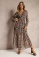 Brązowa Sukienka Maxi z Kopertowym Dekoltem i Gumką w Talii Srinika