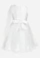 Biała Sukienka Balowa z Wiązaniem w Talii i Dekoracyjną Różą z Tiulem Alymena