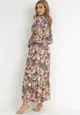 Beżowo-Fioletowa Rozkloszowana Sukienka w Kwiaty z Falbanką Remari