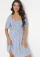 Niebieska Wiskozowa Rozkloszowana Sukienka Mini w Kropki z Falbanką Phelione