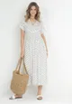 Biała Sukienka Maxi z Kopertowym Dekoltem w Kropki z Wiskozy Seluonia