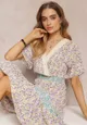 Fioletowo-Niebieska Kopertowa Sukienka Maxi z Marszczoną Gumką w Pasie i Koronkową Taśmą Marea