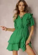 Zielona Sukienka Mini z Gumką w Pasie i Falbankami Makenza