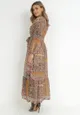 Beżowo-Brązowa Sukienka Rozkloszowana w Patchworkowy Wzór Caphi