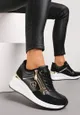 Czarne Sneakersy na Niskim Koturnie z Metalicznymi Wstawkami i Ozdobnym Suwakiem Raelinro