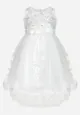 Biała Elegancka Sukienka z Wiązanym Paskiem i Motywem Róż z Tiulowym Dołem Adenie