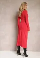 Czerwona Sukienka Midi z Marszczeniem i Rozcięciem Vangia