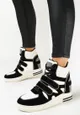 Czarno-Białe Sznurowane Sneakersy na Ukrytym Koturnie Zapinane na Rzepy ze Wstawkami z Ekozamszu Ramhel